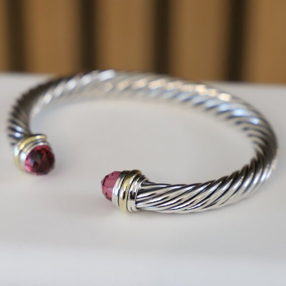 David Yurman Sterling Silver 7mm Cable Bracelet Tourmaline 14k Gold size Medium - Picture 1 of 6